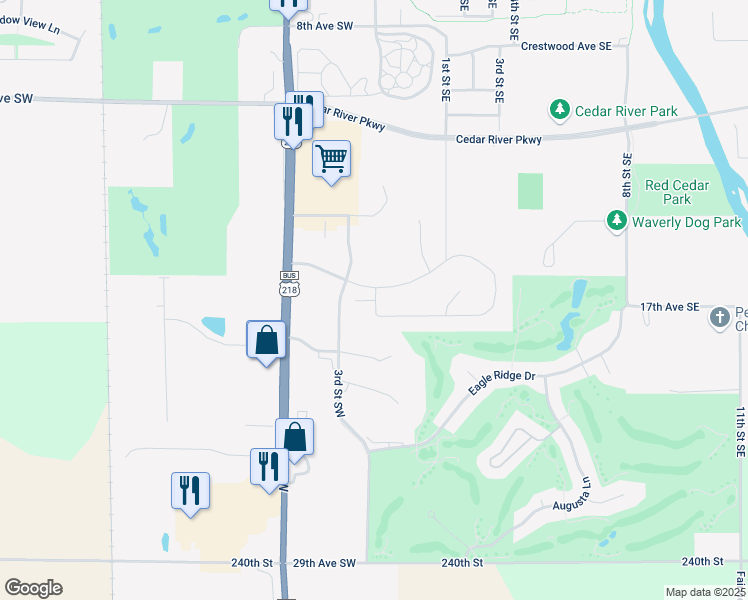 map of restaurants, bars, coffee shops, grocery stores, and more near 105 Flintstone Drive in Waverly