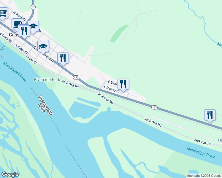 map of restaurants, bars, coffee shops, grocery stores, and more near 1000 East Dewey Street in Cassville