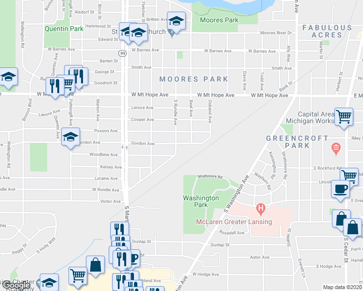 map of restaurants, bars, coffee shops, grocery stores, and more near 717 Gordon Avenue in Lansing