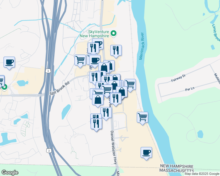 map of restaurants, bars, coffee shops, grocery stores, and more near 252 Daniel Webster Highway in Nashua