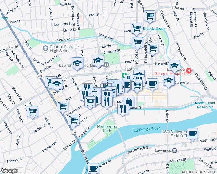 map of restaurants, bars, coffee shops, grocery stores, and more near 284 Essex Street in Lawrence