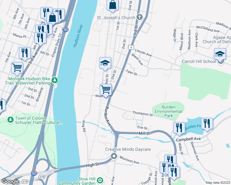 map of restaurants, bars, coffee shops, grocery stores, and more near 1 Winslow Avenue in Troy