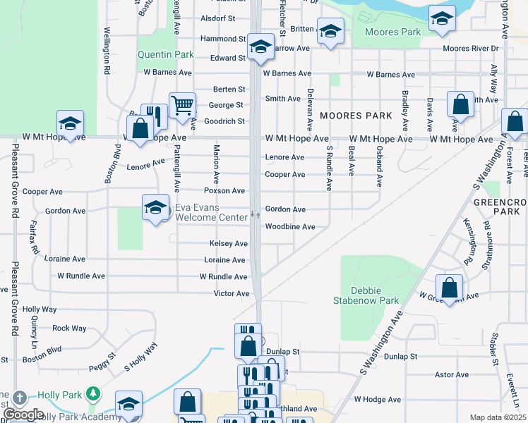 map of restaurants, bars, coffee shops, grocery stores, and more near 2401 South Martin Luther King Junior Boulevard in Lansing