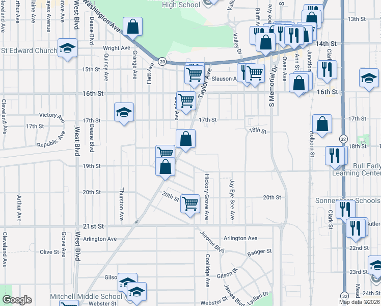 map of restaurants, bars, coffee shops, grocery stores, and more near 2319 De Koven Avenue in Racine