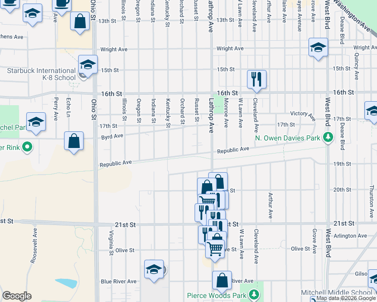 map of restaurants, bars, coffee shops, grocery stores, and more near 4014 19th Street in Racine