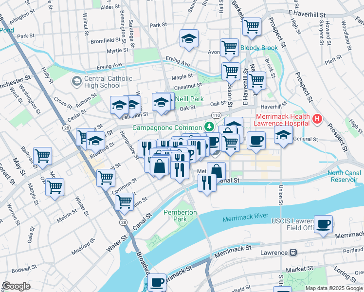 map of restaurants, bars, coffee shops, grocery stores, and more near 284 Essex Street in Lawrence