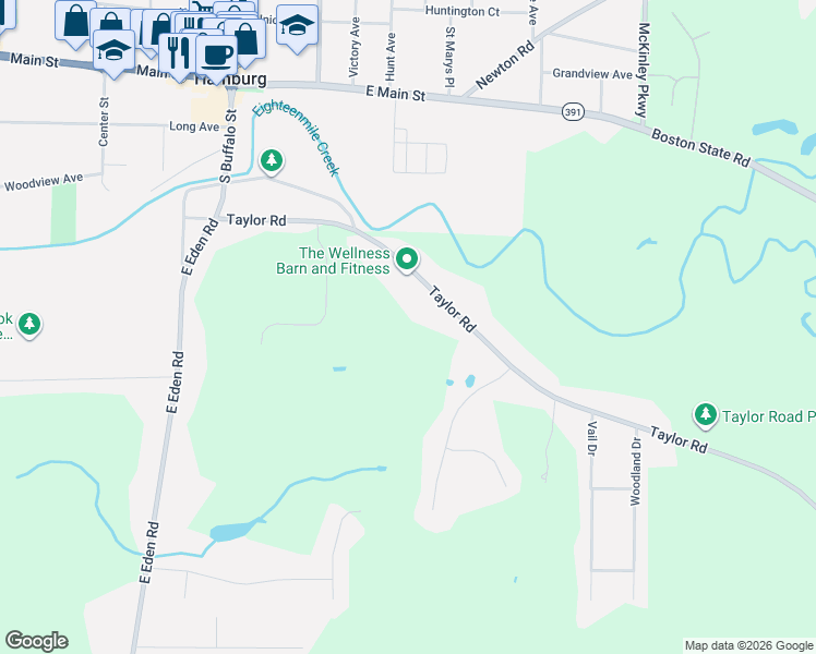 map of restaurants, bars, coffee shops, grocery stores, and more near 6572 Taylor Road in Hamburg