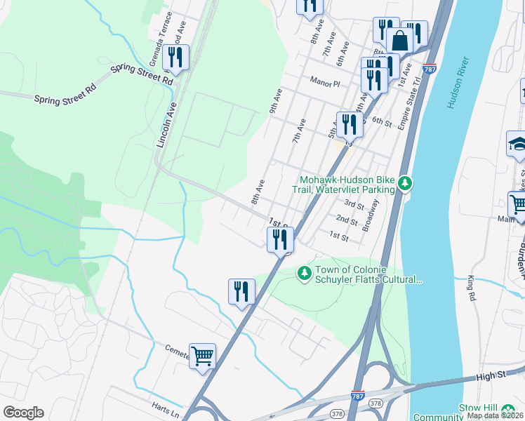map of restaurants, bars, coffee shops, grocery stores, and more near 705 1st Street in Watervliet