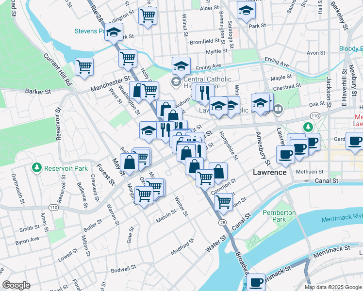 map of restaurants, bars, coffee shops, grocery stores, and more near 65 Tremont Street in Lawrence