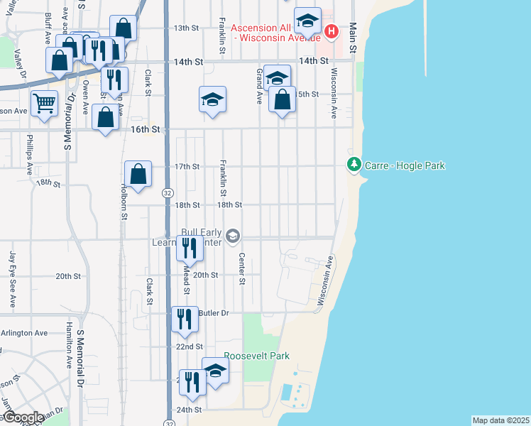 map of restaurants, bars, coffee shops, grocery stores, and more near 1811 Grand Avenue in Racine