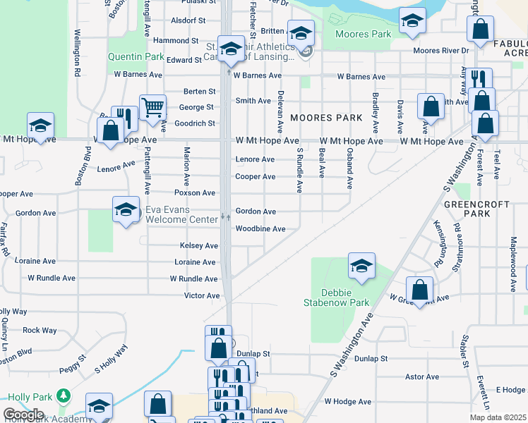 map of restaurants, bars, coffee shops, grocery stores, and more near Stirling Avenue in Lansing
