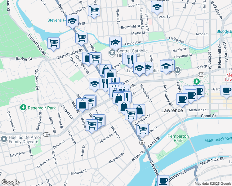 map of restaurants, bars, coffee shops, grocery stores, and more near 65 Tremont Street in Lawrence
