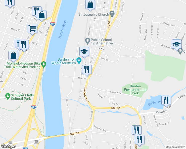 map of restaurants, bars, coffee shops, grocery stores, and more near 639 4th Street in Troy