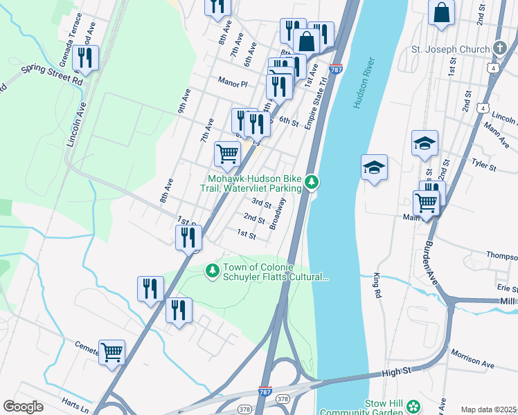 map of restaurants, bars, coffee shops, grocery stores, and more near 318 2nd Avenue in Watervliet