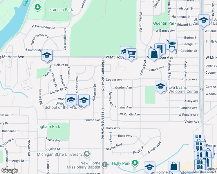 map of restaurants, bars, coffee shops, grocery stores, and more near 2115 Cooper Avenue in Lansing