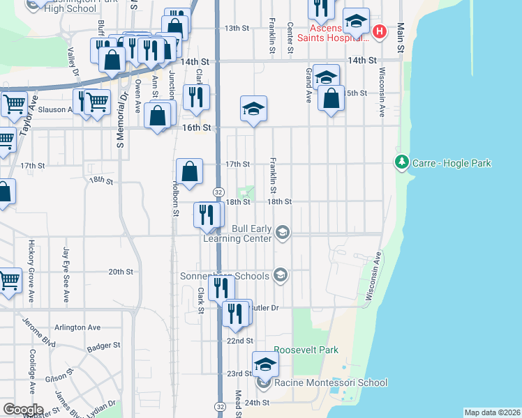 map of restaurants, bars, coffee shops, grocery stores, and more near 1744 Franklin Street in Racine