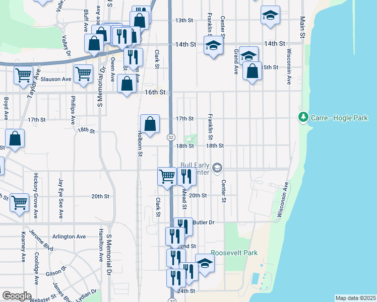map of restaurants, bars, coffee shops, grocery stores, and more near 1733 Mead Street in Racine