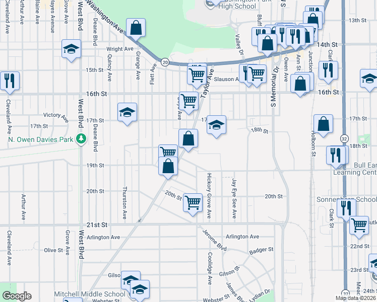 map of restaurants, bars, coffee shops, grocery stores, and more near 1742 Taylor Avenue in Racine