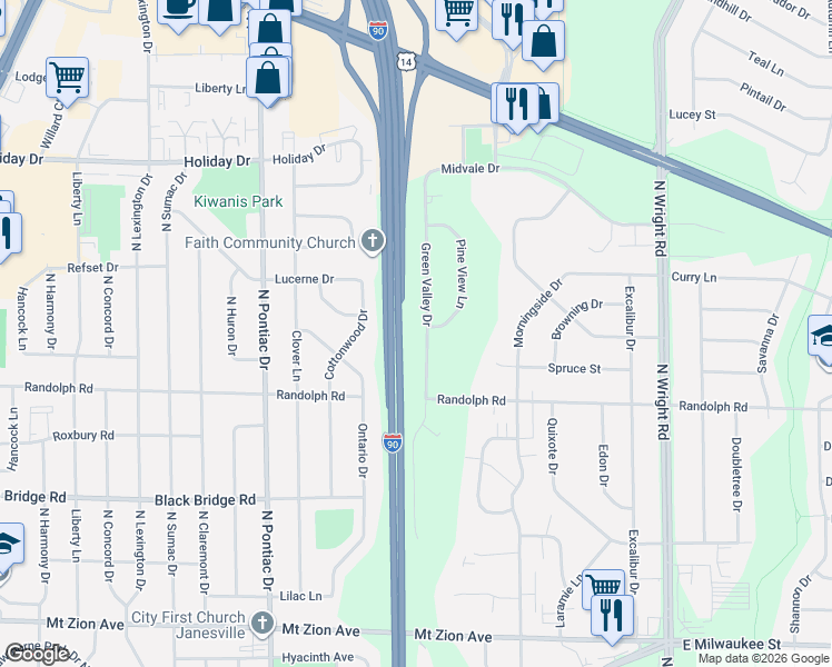 map of restaurants, bars, coffee shops, grocery stores, and more near 2211 Green Valley Drive in Janesville