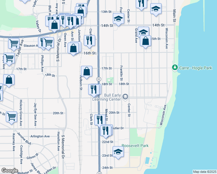 map of restaurants, bars, coffee shops, grocery stores, and more near 1733 Mead Street in Racine