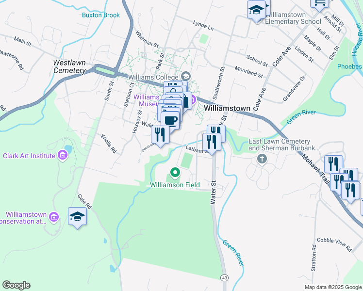 map of restaurants, bars, coffee shops, grocery stores, and more near 127 Latham Street in Williamstown