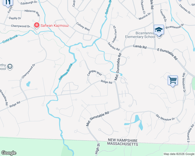 map of restaurants, bars, coffee shops, grocery stores, and more near 36 Cadogan Way in Nashua