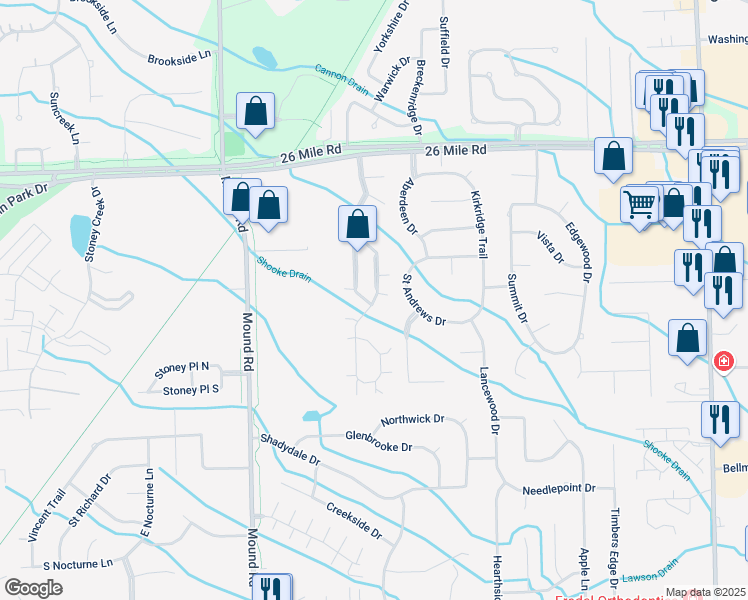 map of restaurants, bars, coffee shops, grocery stores, and more near 56173 Chesapeake Trail in Shelby charter Township