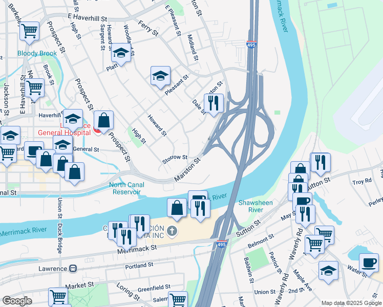 map of restaurants, bars, coffee shops, grocery stores, and more near 3 Woodland Street in Lawrence