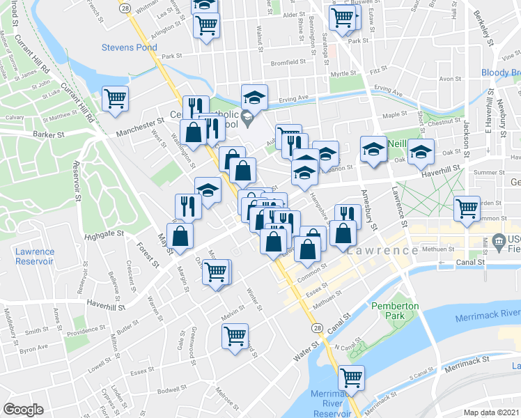 map of restaurants, bars, coffee shops, grocery stores, and more near 65 Tremont Street in Lawrence