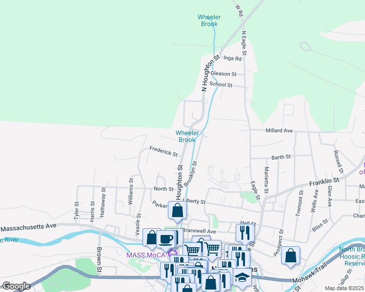 map of restaurants, bars, coffee shops, grocery stores, and more near 1-41 Fuller St in North Adams