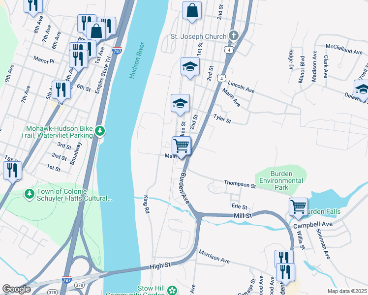 map of restaurants, bars, coffee shops, grocery stores, and more near 27 South River Street in Troy