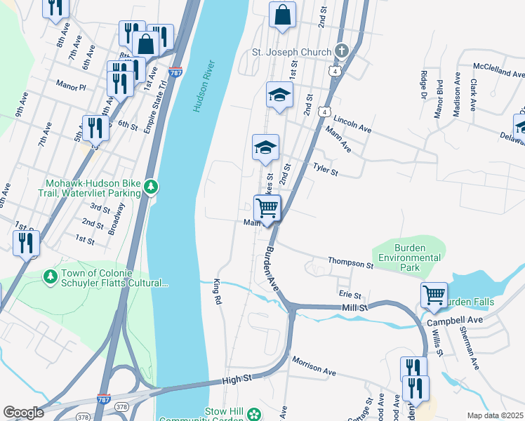 map of restaurants, bars, coffee shops, grocery stores, and more near 27 South River Street in Troy