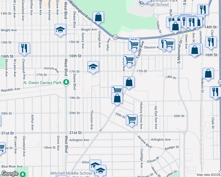 map of restaurants, bars, coffee shops, grocery stores, and more near 1731 Flett Avenue in Racine