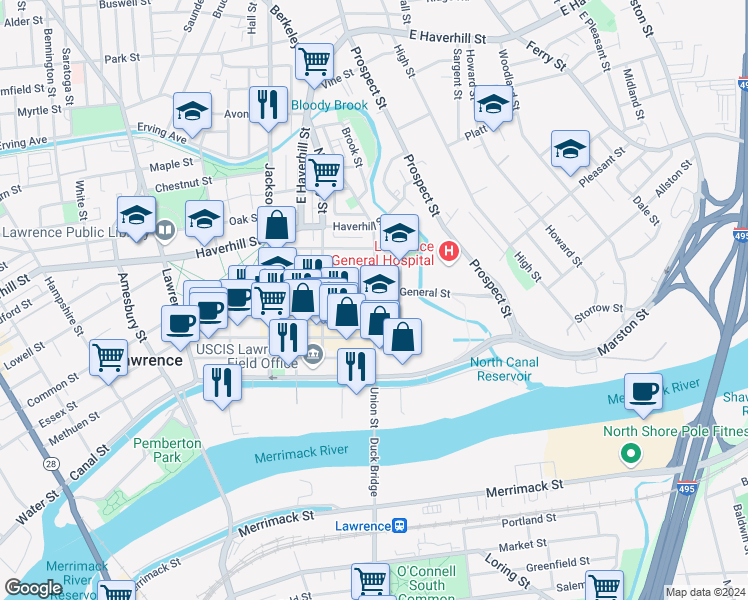 map of restaurants, bars, coffee shops, grocery stores, and more near 19 Union Street in Lawrence