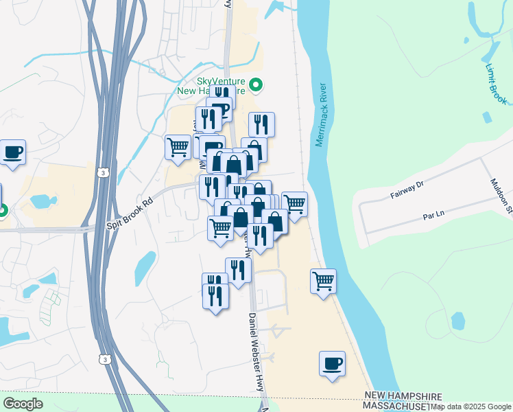 map of restaurants, bars, coffee shops, grocery stores, and more near 252 Daniel Webster Highway in Nashua