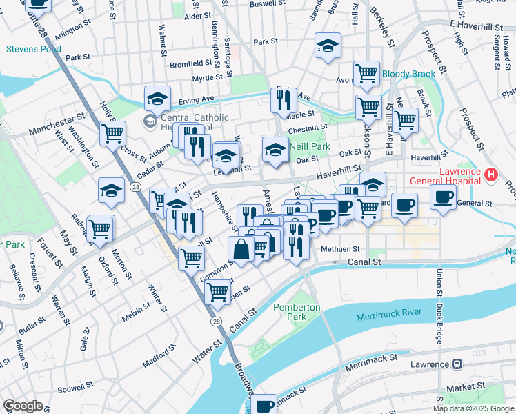 map of restaurants, bars, coffee shops, grocery stores, and more near 3 Bradford Street in Lawrence