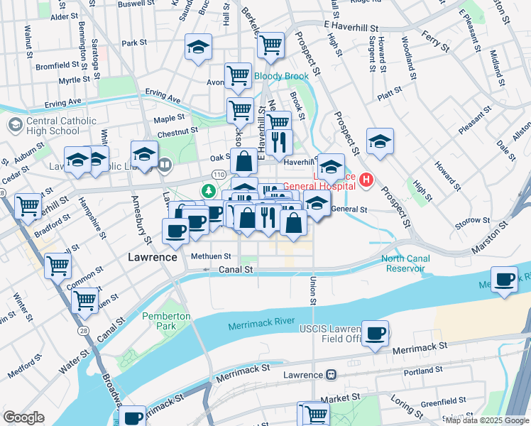 map of restaurants, bars, coffee shops, grocery stores, and more near 185 Garden Street in Lawrence