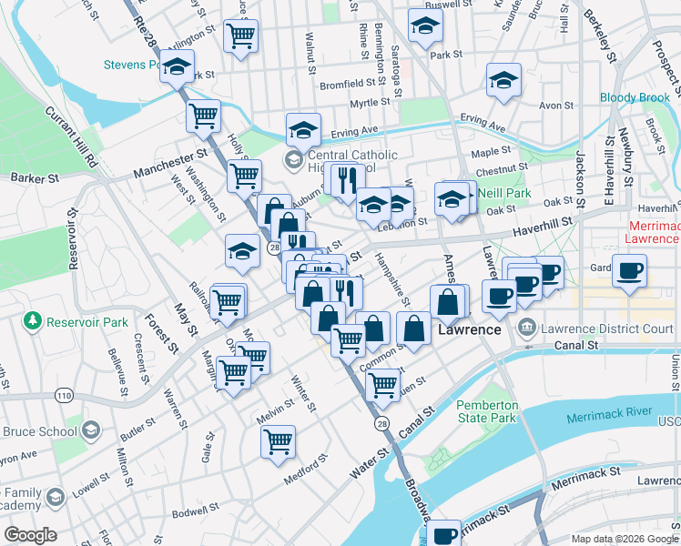 map of restaurants, bars, coffee shops, grocery stores, and more near 345 Haverhill Street in Lawrence