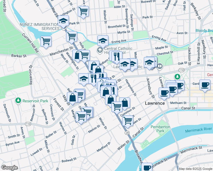map of restaurants, bars, coffee shops, grocery stores, and more near 65 Tremont Street in Lawrence