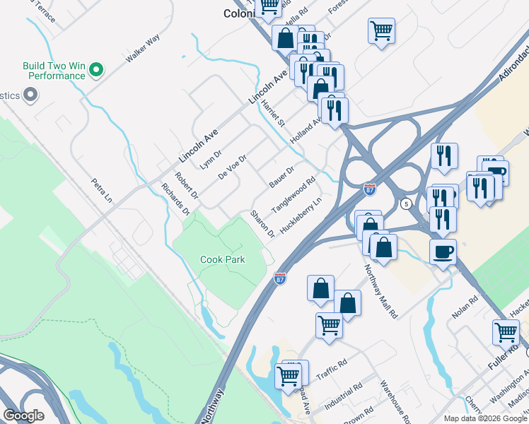 map of restaurants, bars, coffee shops, grocery stores, and more near 39 Tanglewood Road in Colonie