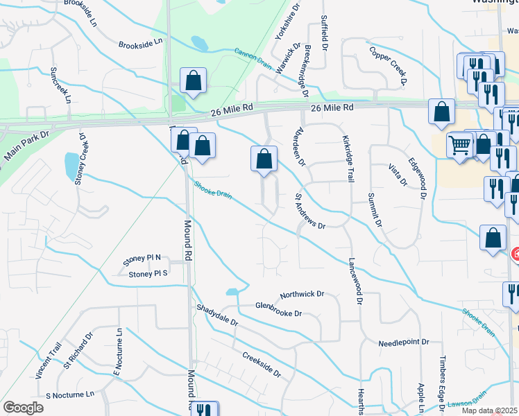 map of restaurants, bars, coffee shops, grocery stores, and more near 56510 Scotland Boulevard in Macomb County