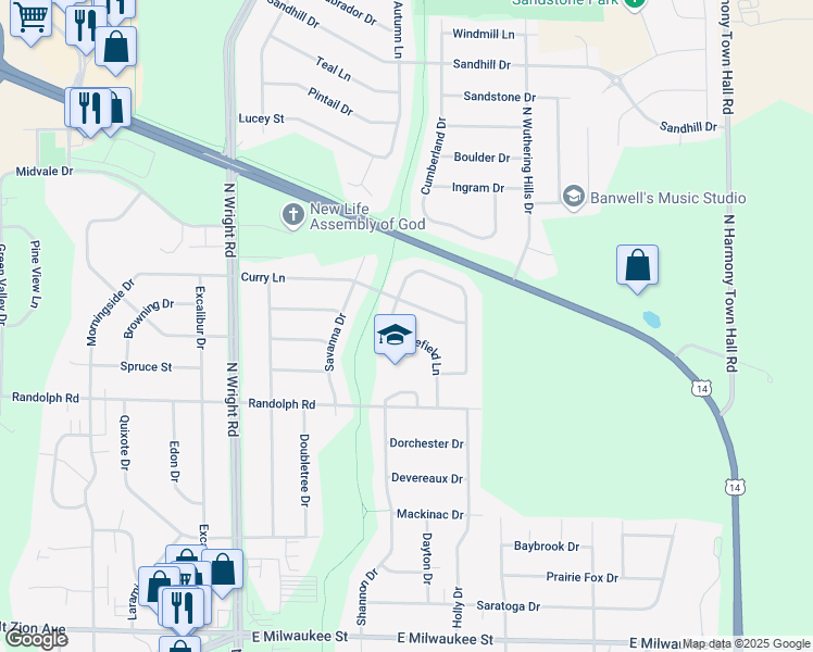 map of restaurants, bars, coffee shops, grocery stores, and more near 3952 Curry Lane in Janesville