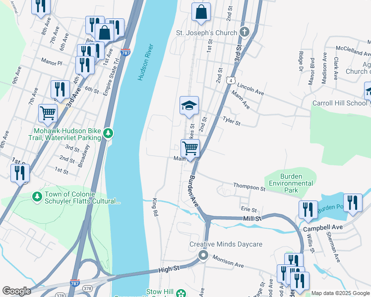 map of restaurants, bars, coffee shops, grocery stores, and more near 11 South River Street in Troy