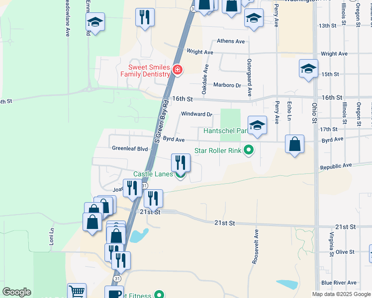 map of restaurants, bars, coffee shops, grocery stores, and more near 5539 Byrd Avenue in Racine