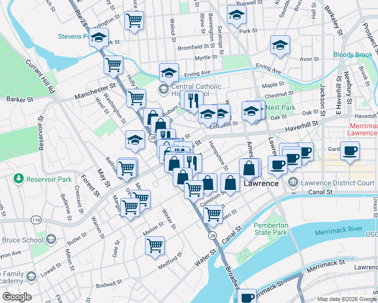 map of restaurants, bars, coffee shops, grocery stores, and more near 345 Haverhill Street in Lawrence