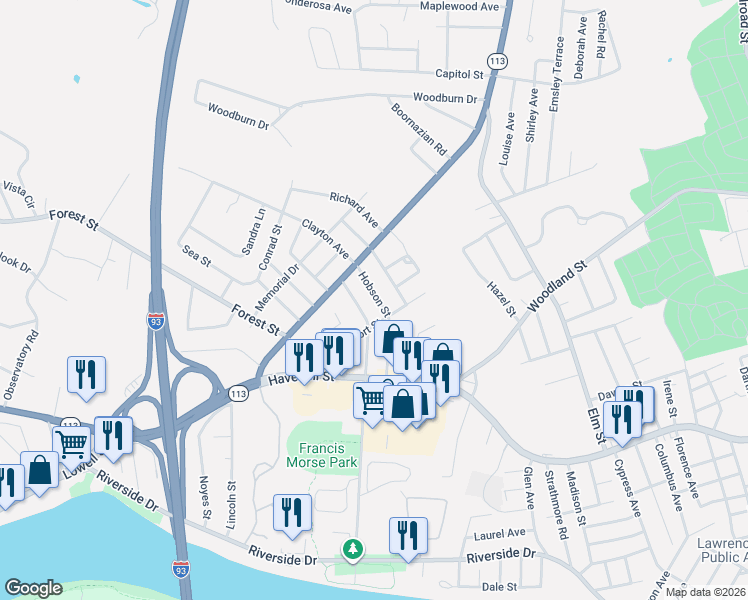 map of restaurants, bars, coffee shops, grocery stores, and more near 32 Hobson Street in Methuen