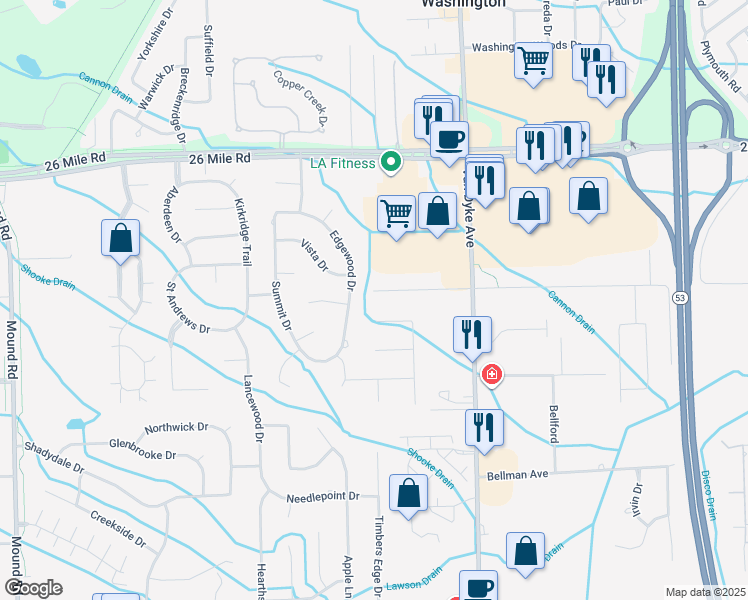 map of restaurants, bars, coffee shops, grocery stores, and more near 56432 Edgewood Drive in Macomb County