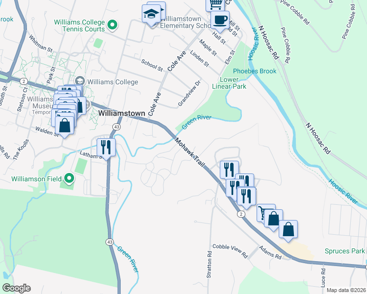 map of restaurants, bars, coffee shops, grocery stores, and more near 605 Main Street in Williamstown