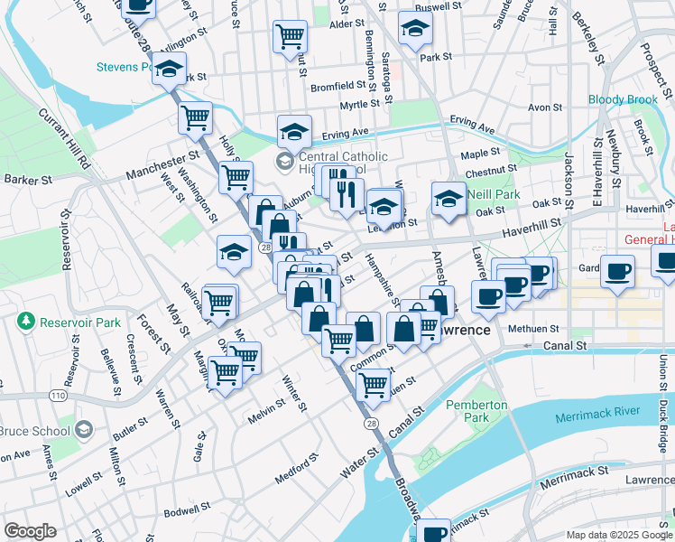 map of restaurants, bars, coffee shops, grocery stores, and more near 345 Haverhill Street in Lawrence