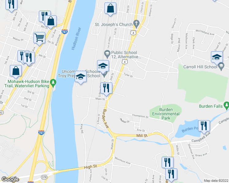 map of restaurants, bars, coffee shops, grocery stores, and more near 639 4th Street in Troy